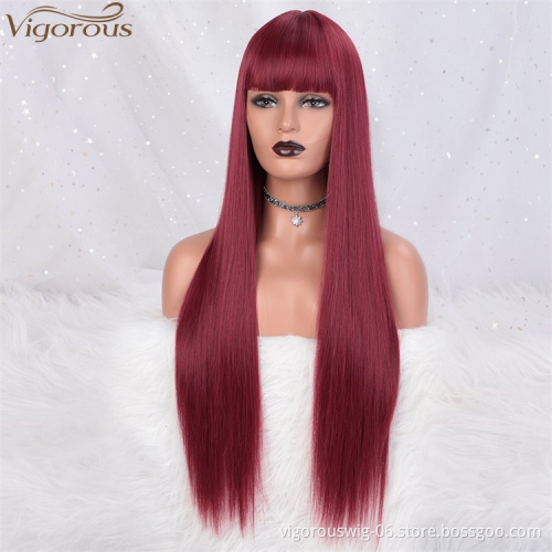 Vigorous Under $20 Long Synthetic Straight Lace Front Wig Silky Red Wigs With Bangs Middle Part Heat Resistant Fiber